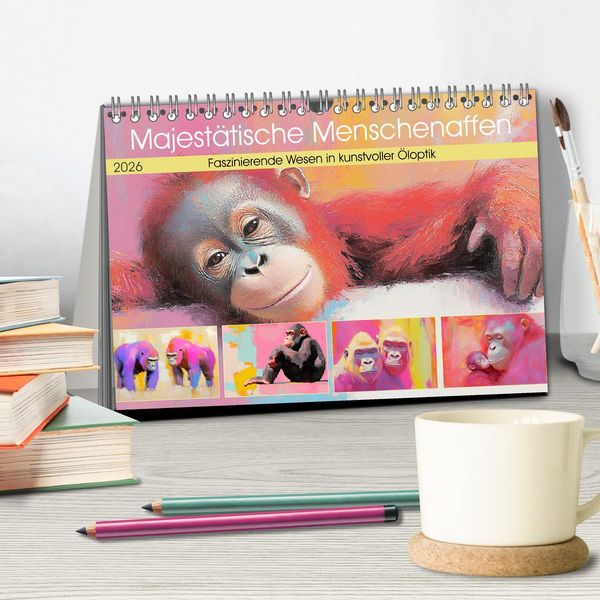 Produktbild: Majest&auml;tische Menschenaffen. Faszinierende Wesen in kunstvoller &Ouml;loptik (Tischkalender 2026 DIN A5 quer), CALVENDO Monatskalender