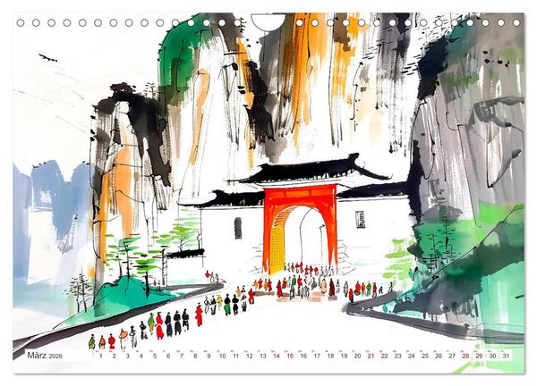 Produktbild: Fernost Impressionen - Tempel und Landschaften in KI-Tuschekunst (Wandkalender 2026 DIN A4 quer), CALVENDO Monatskalender