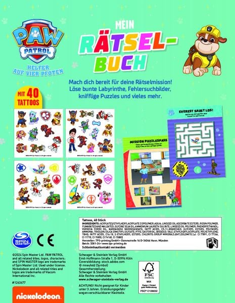 Produktbild: PAW Patrol Mein Rätselbuch mit 40 Tattoos