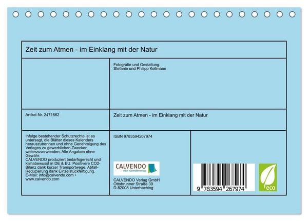 Produktbild: Zeit zum Atmen - im Einklang mit der Natur (Tischkalender 2027 DIN A5 quer), CALVENDO Monatskalender