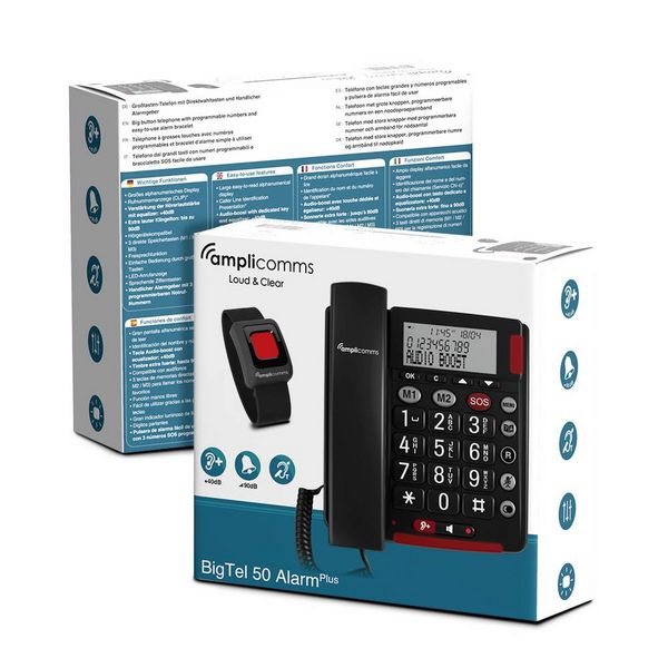 Produktbild: Amplicomms BigTel 50 Alarm Plus Schnurgebundenes Seniorentelefon f&uuml;r H&ouml;rger&auml;te kompatibel, inkl. Notrufsender, Wahlwiederholung