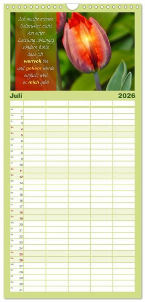 Produktbild: Familienplaner 2026 - YouFeelGood - Positive Impulse f&uuml;r mehr Selbstbewusstsein und Selbstvertrauen mit 5 Spalten (Wandkalender, 21 x 45 cm) CALVENDO