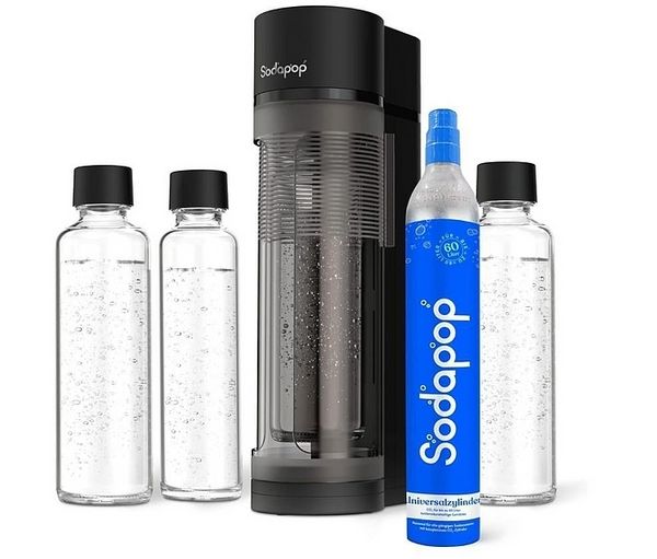 Produktbild: SODAPOP Wassersprudler Logan matt schwarz, 2x 850ml + 1x 600ml Glasflaschen + 1x CO&sup2; Zylinder