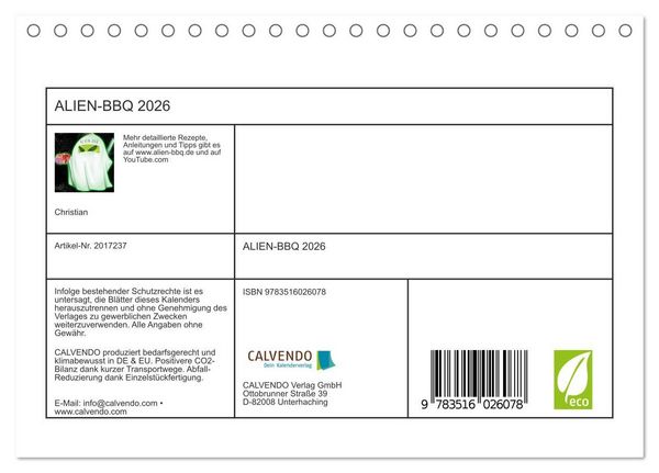 Produktbild: ALIEN-BBQ 2026 (Tischkalender 2026 DIN A5 quer), CALVENDO Monatskalender