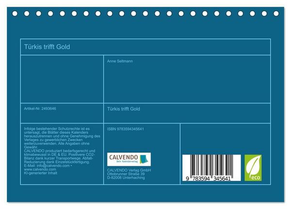 Produktbild: T&uuml;rkis trifft Gold (Tischkalender 2027 DIN A5 quer), CALVENDO Monatskalender