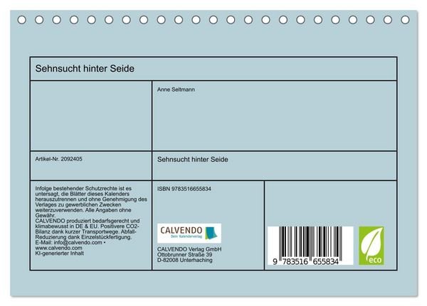 Produktbild: Sehnsucht hinter Seide (Tischkalender 2026 DIN A5 quer), CALVENDO Monatskalender