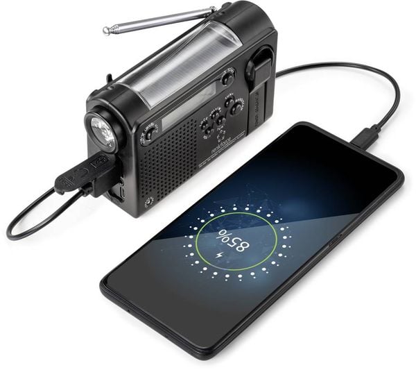 Renkforce RF-CR-200 Kofferradio UKW, MW, KW Notfallradio wiederaufladbar, Solarpanel, Handkurbel, Weckfunktion, Taschenlampe Schwarz
