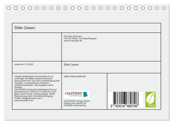 Produktbild: Stille Oasen (Tischkalender 2026 DIN A5 quer), CALVENDO Monatskalender