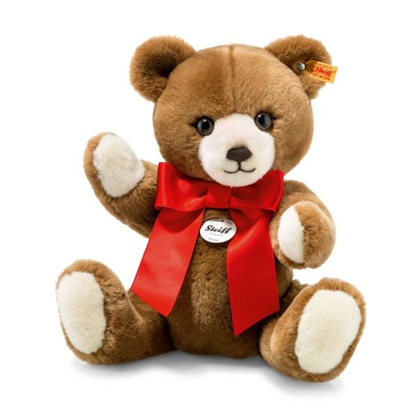 Produktbild: Steiff 12402 - Petsy Teddyb&auml;r, mit roter Schleife, Pl&uuml;sch, caramel, 28 cm