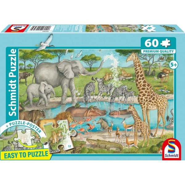 Schmidt 55753 - Afrikas Tiere, Easy to Puzzle, Kinderpuzzle mit Poster, 60 Teile