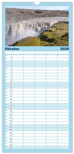 Produktbild: Familienplaner 2026 - Island - Gletscher, Wasserf&auml;lle, Hei&szlig;e Quellen mit 5 Spalten (Wandkalender, 21 x 45 cm) CALVENDO