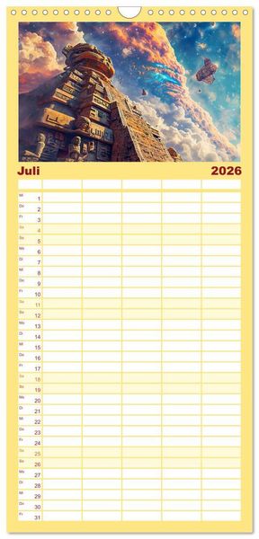 Produktbild: Familienplaner 2026 - Sternenkrieger - Science Fiction Visionen der Maya und Azteken mit 5 Spalten (Wandkalender, 21 x 45 cm) CALVENDO
