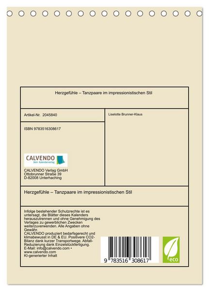 Produktbild: Herzgef&uuml;hle &ndash; Tanzpaare im impressionistischen Stil (Tischkalender 2026 DIN A5 hoch), CALVENDO Monatskalender