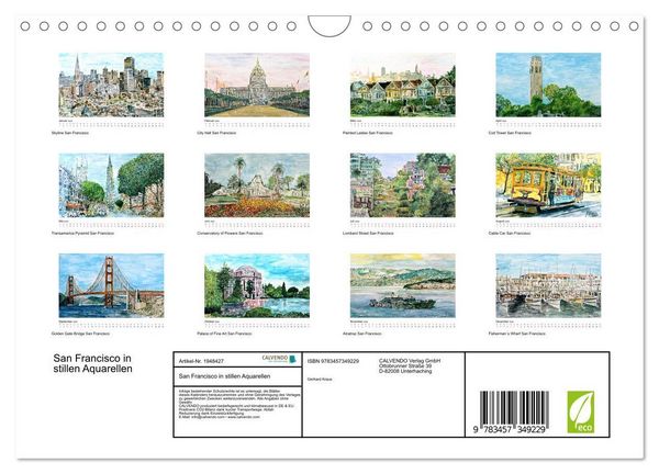 Produktbild: San Francisco in stillen Aquarellen (Wandkalender 2026 DIN A4 quer), CALVENDO Monatskalender