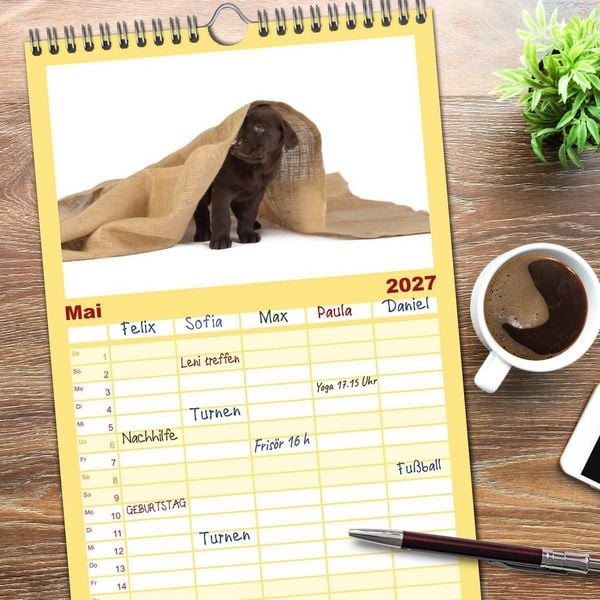 Produktbild: Familienplaner 2027 - Labrador - Welpen mit 5 Spalten (Wandkalender, 21 x 45 cm) CALVENDO