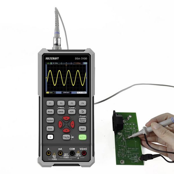 Produktbild: VOLTCRAFT DSA-3100 Hand-Oszilloskop 100 MHz 2-Kanal 500 MSa/s 8 kpts 8 Bit Handger&auml;t, Multimeter-Funktionen, Spectrum-Analyser 1 St.