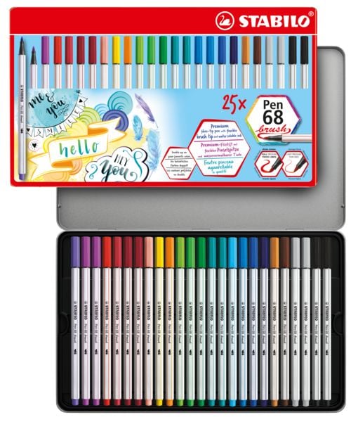 Produktbild: STABILO Premium-Filzstift mit Pinselspitze f&uuml;r variable Strichst&auml;rken -   Pen 68 brush - 25er Metalletui - mit 19 verschiedenen Farben