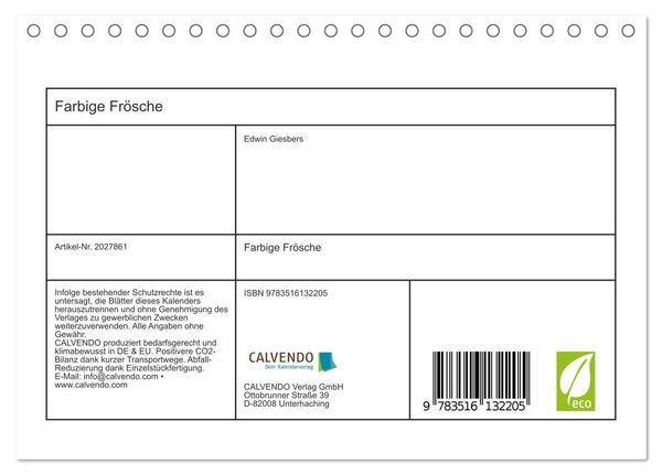 Produktbild: Farbige Fr&ouml;sche (Tischkalender 2026 DIN A5 quer), CALVENDO Monatskalender