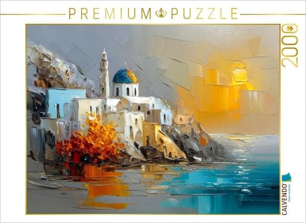 Produktbild: CALVENDO Puzzle Ein Nachmittag in Santorini - das Sonnenlicht streift die wei&szlig;en Kykladenh&auml;user auf der Klippe | 2000 Teile Lege-Gr&ouml;&szlig;e 90x67cm Foto-Pu