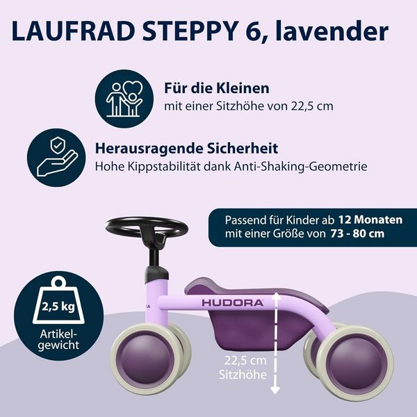 Produktbild: HUDORA 10916 - Laufrad Steppy 6 lavender, Lauflernrad f&uuml;r Kinder von 73-80 cm, Sitzh&ouml;he: 22,5 cm