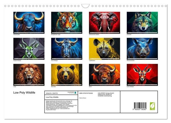 Produktbild: Low Poly Wildlife (Wandkalender 2026 DIN A3 quer), CALVENDO Monatskalender