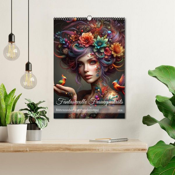 Produktbild: Fantasievolle Frauenportr&auml;ts - Bl&uuml;tenzauber und Paradiesv&ouml;gel (Wandkalender 2026 DIN A3 hoch), CALVENDO Monatskalender