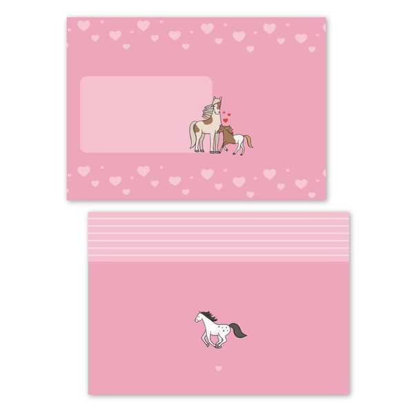 Liniertes Briefpapier-Set für Kinder: Pferde, Ponys (rosa mit Herzen, Mädchen)