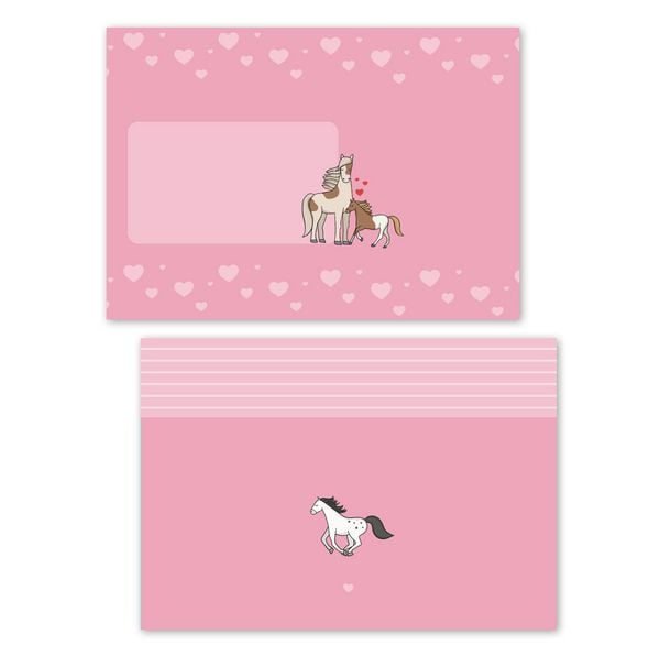 Produktbild: Liniertes Briefpapier-Set f&uuml;r Kinder: Pferde, Ponys (rosa mit Herzen, M&auml;dchen)