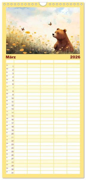 Produktbild: Familienplaner 2026 - B&auml;rige Illustrationen mit 5 Spalten (Wandkalender, 21 x 45 cm) CALVENDO