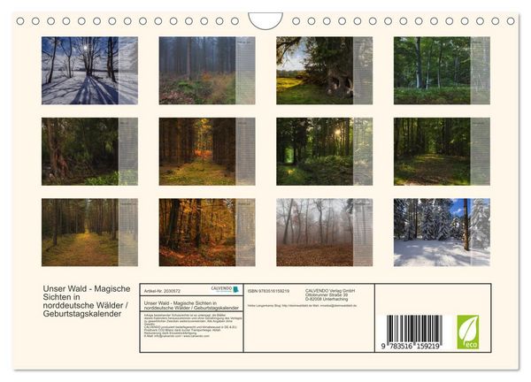 Produktbild: Unser Wald - Magische Sichten in norddeutsche W&auml;lder / Geburtstagskalender (Wandkalender 2026 DIN A4 quer), CALVENDO Monatskalender