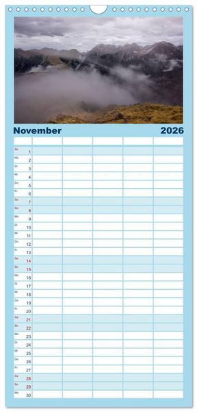 Produktbild: Familienplaner 2026 - Zauber der Berge mit 5 Spalten (Wandkalender, 21 x 45 cm) CALVENDO