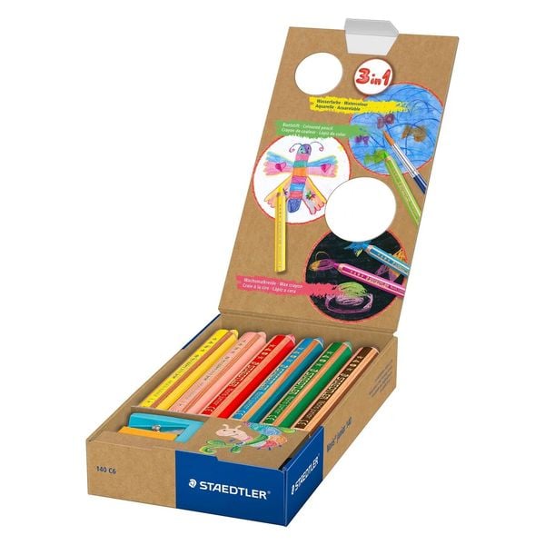 Produktbild: STAEDTLER Noris junior 140 Kindermalstift 3 in 1, Kartonetui mit 6 Malstiften in sortierten Farben und 1 Spitzer, 140 C6