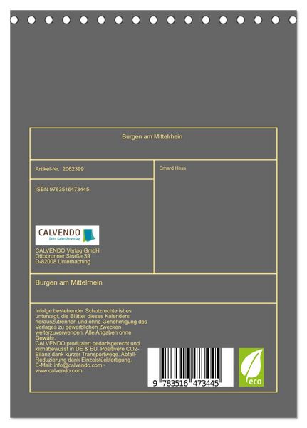 Produktbild: Burgen am Mittelrhein (Tischkalender 2026 DIN A5 hoch), CALVENDO Monatskalender