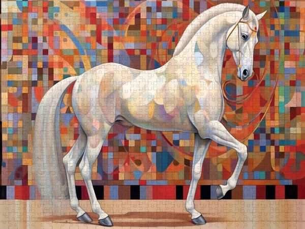 Produktbild: CALVENDO Puzzle Silberwei&szlig;e Eleganz - Edles wei&szlig;es Pferd vor Mosaik Hintergrund | 1000 Teile Lege-Gr&ouml;&szlig;e 64x48cm Foto-Puzzle f&uuml;r gl&uuml;ckliche Stunden