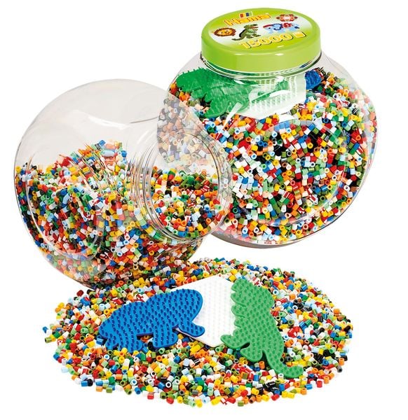 Produktbild: HAMA Dose pink mit 3 Platten (kleines Sechseck , kleiner Elefant und Dinosaurier) und 15.000 Perlen
