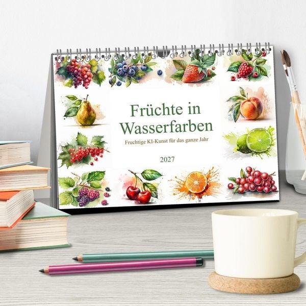 Produktbild: Fr&uuml;chte in Wasserfarben - Fruchtige KI-Kunst f&uuml;r das ganze Jahr (Tischkalender 2027 DIN A5 quer), CALVENDO Monatskalender