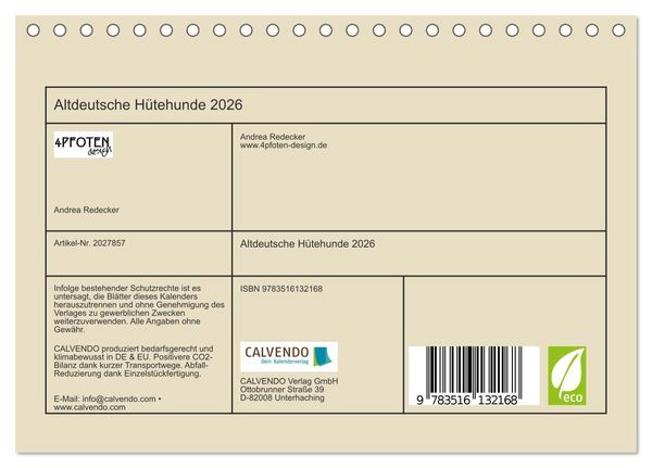 Produktbild: Altdeutsche H&uuml;tehunde 2026 (Tischkalender 2026 DIN A5 quer), CALVENDO Monatskalender