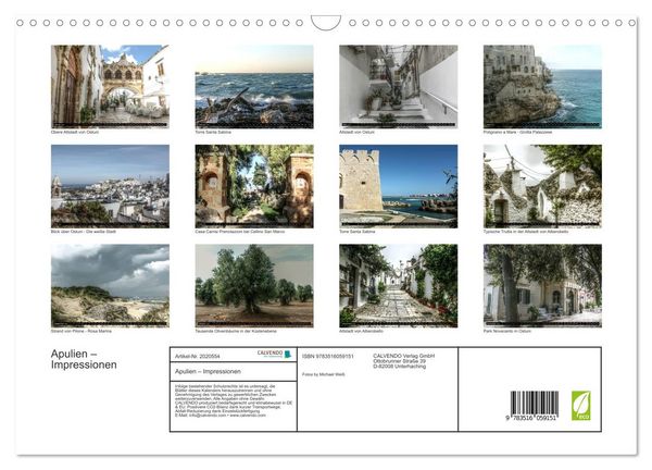 Produktbild: Apulien &ndash; Impressionen (Wandkalender 2026 DIN A3 quer), CALVENDO Monatskalender