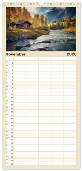 Produktbild: Familienplaner 2026 - H&uuml;ttenzauber - Ein visueller Streifzug durch Norwegens Wildnis mit 5 Spalten (Wandkalender, 21 x 45 cm) CALVENDO
