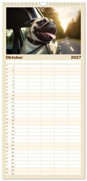 Produktbild: Familienplaner 2027 - Lustige Mops-Hunde: Die charmanten Meister von Chaos und Unfug mit 5 Spalten (Wandkalender, 21 x 45 cm) CALVENDO