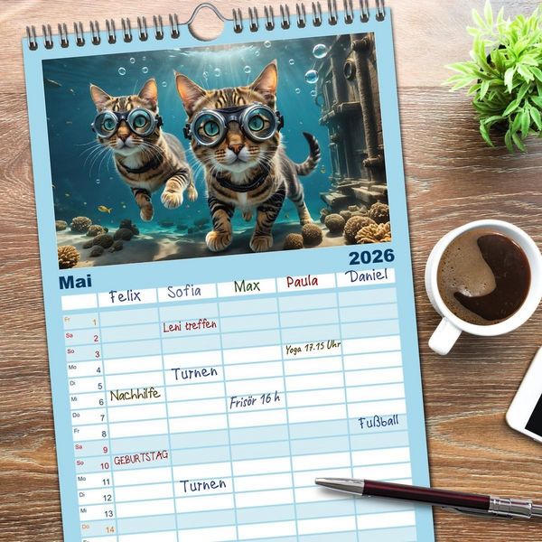 Produktbild: Familienplaner 2026 - Katzen unter Wasser mit 5 Spalten (Wandkalender, 21 x 45 cm) CALVENDO