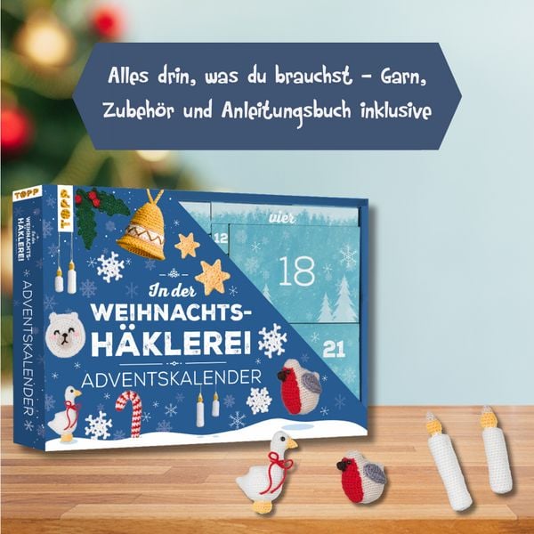 Produktbild: In der Weihnachtsh&auml;klerei - Der Adventskalender mit Material und Anleitungsbuch f&uuml;r 24 H&auml;kelprojekte