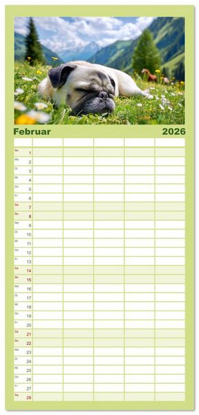 Produktbild: Familienplaner 2026 - Mops trifft Berglust. Fidele Gipfelst&uuml;rmer im H&ouml;henrausch mit 5 Spalten (Wandkalender, 21 x 45 cm) CALVENDO
