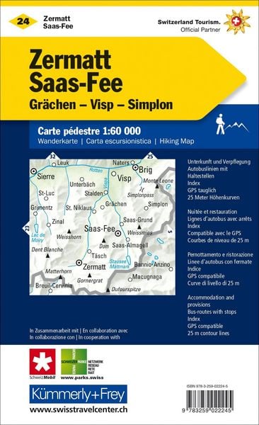 Produktbild: K&uuml;mmerly+Frey Wanderkarte 24 Zermatt, Saas-Fee 1:60.000