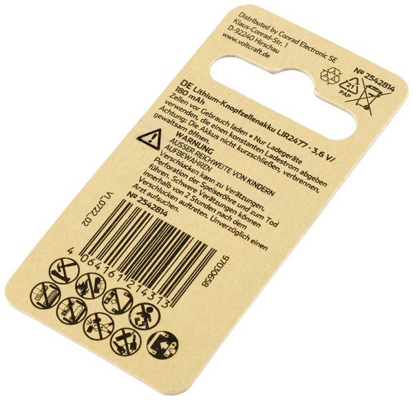 Produktbild: VOLTCRAFT Knopfzellen-Akku LIR2477 Lithium 180 mAh 3.6V 1St.