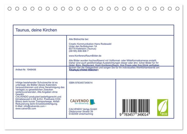 Produktbild: Taunus, deine Kirchen (Tischkalender 2026 DIN A5 quer), CALVENDO Monatskalender