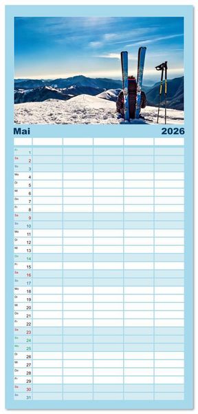Produktbild: Familienplaner 2026 - Skimountaineering - Erobere die Berge im Winter mit 5 Spalten (Wandkalender, 21 x 45 cm) CALVENDO