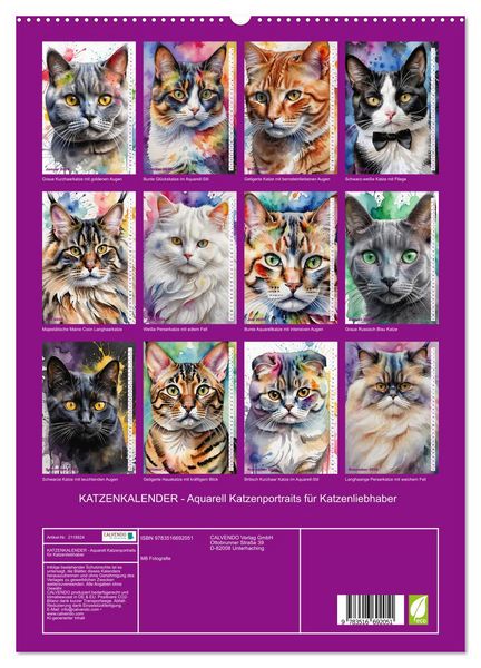Produktbild: KATZENKALENDER - Aquarell Katzenportraits f&uuml;r Katzenliebhaber (hochwertiger Premium Wandkalender 2026 DIN A2 hoch), Kunstdruck in Hochglanz