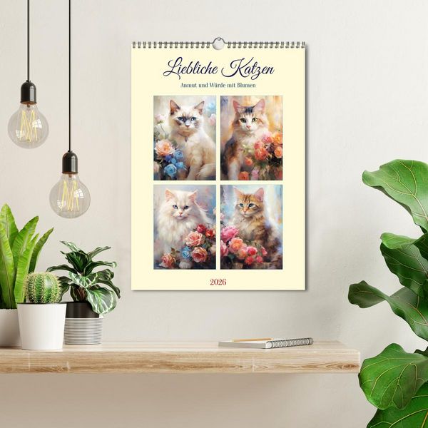 Produktbild: Liebliche Katzen. Anmut und W&uuml;rde mit Blumen (Wandkalender 2026 DIN A3 hoch), CALVENDO Monatskalender