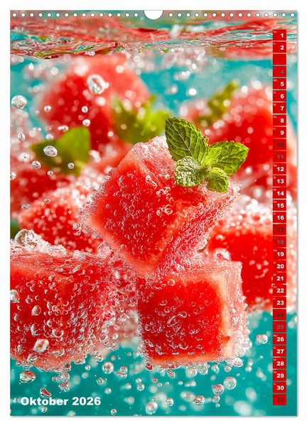 Produktbild: Fruchtige Erfrischung - K&uuml;chenkalender mit bunten Fr&uuml;chten im Wasser (Wandkalender 2026 DIN A3 hoch), CALVENDO Monatskalender